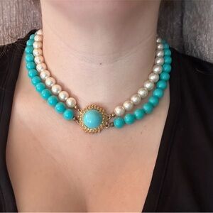 vintage Blue and faux pearl double strand Beaded Necklace